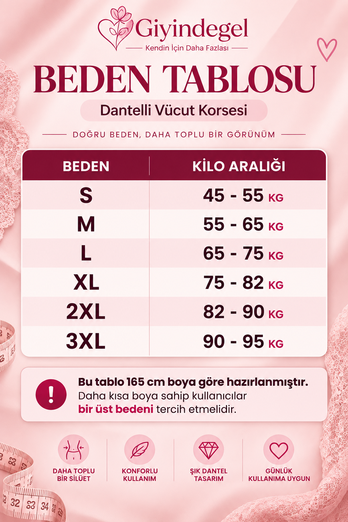Giyindegel Dantelli Vücut Korsesi – Önden Agraflı, Ayarlanabilir Askılı
