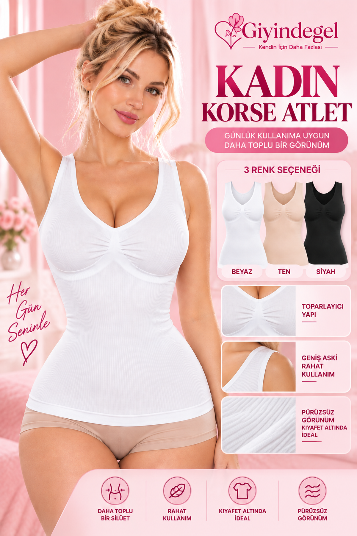 Giyindegel Kadın Korse Atlet – Dikişsiz, Geniş Askılı Toparlayıcı