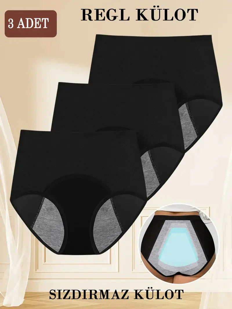 3'lü Paket Siyah Sızdırmaz Regl Külotu Leke Tutmaz Kumaş