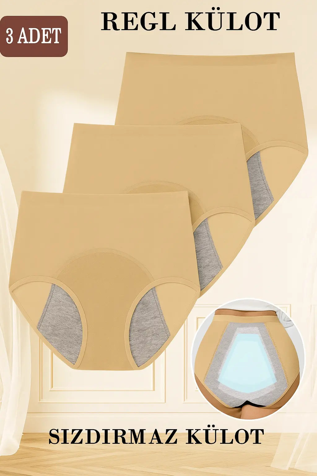 3'lü Paket Ten Rengi Sızdırmaz Regl Külotu Ekonomik Set