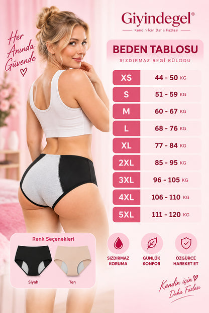 Sızdırmaz Külot beden tablosu - XS'den 5XL'e kadar ölçü rehberi