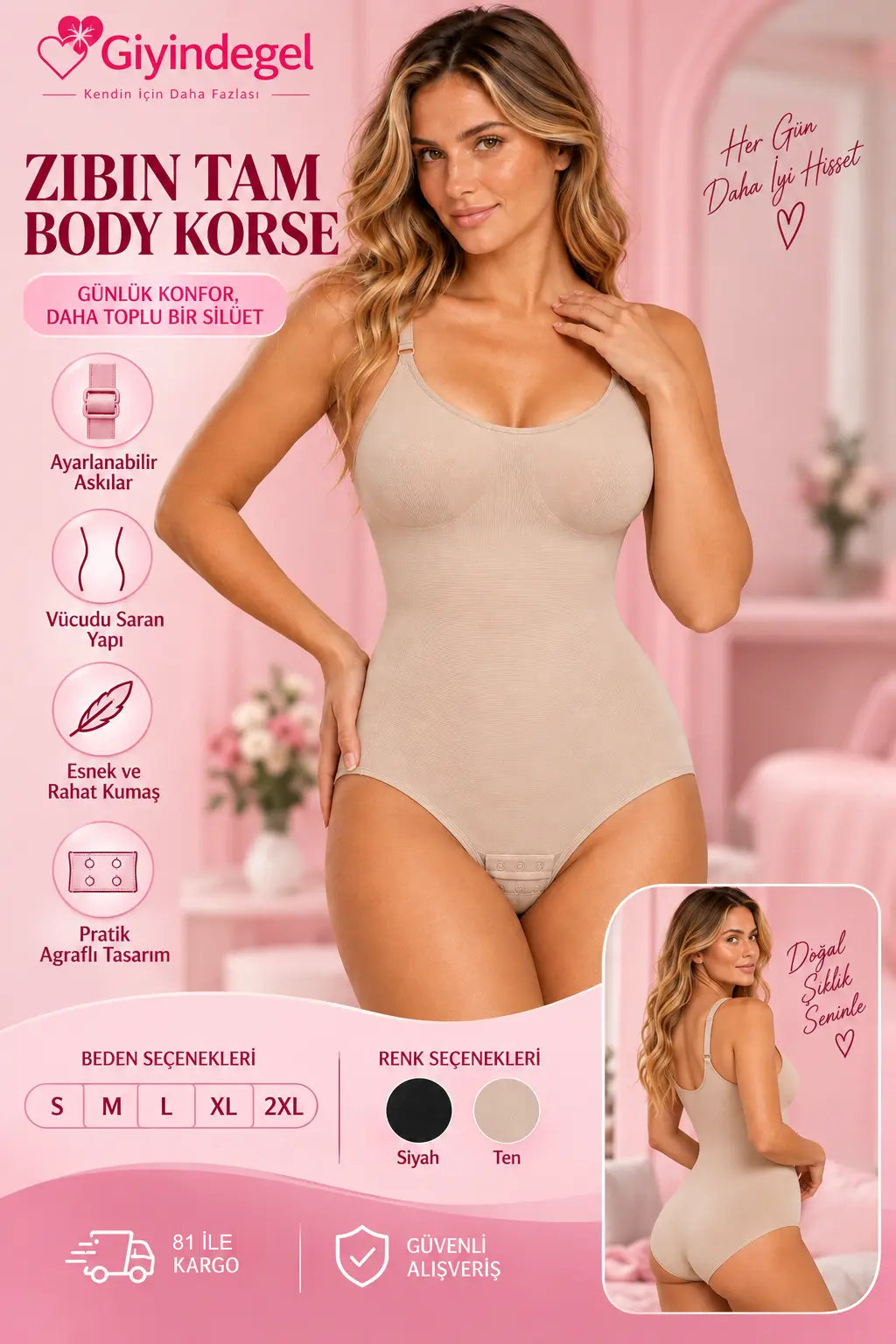 Giyindegel Zıbın Tam Body Korse ten rengi, toparlayıcı ve renk ve beden seçenekleri