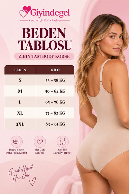 Giyindegel Zıbın Tam Body Korse beden tablosu, S'den 2XL'e kadar ölçü rehberi